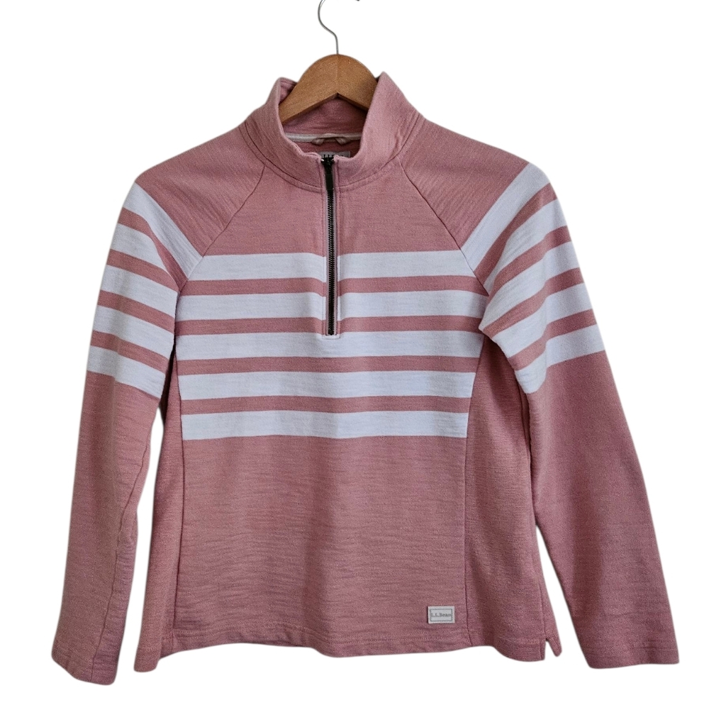 L.L. Bean Women's Peaks Island Quarter Zip Stripe Pullover  Adobe Rose White XSP